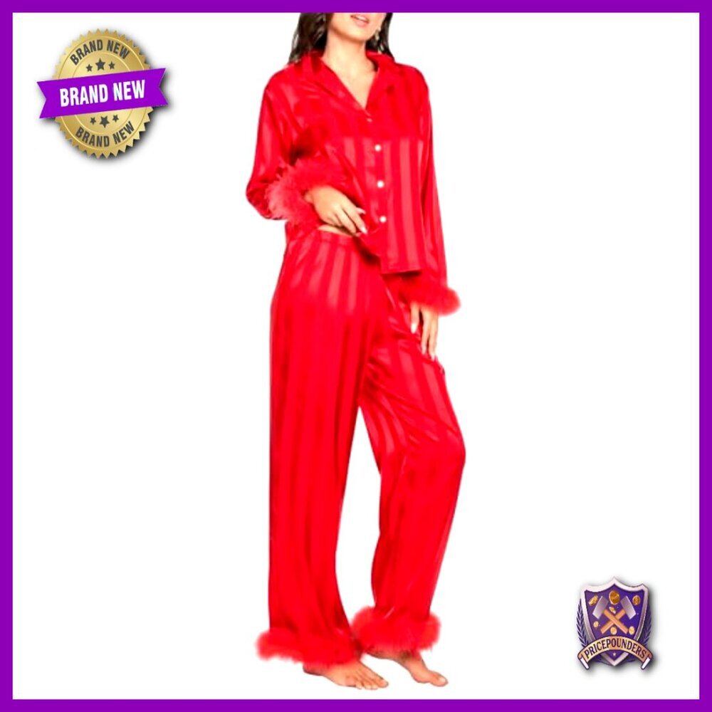 Silk Satin Pajama Set Long Sleeve Heart Print Feather Trim Lounge Wear - Picture 2 of 4